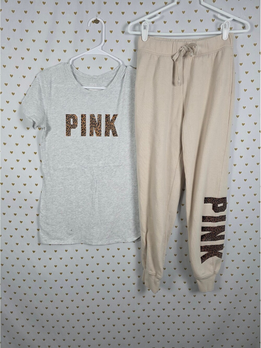 Victorias Secret PINK Leopard Cheetah Sweats Tee shirt SET XS Logo Beige